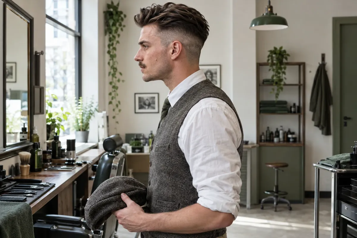 Mężczyzna z fryzurą Peaky Blinders, krótkie boki i zaczesane górne włosy, w salonie barberskim