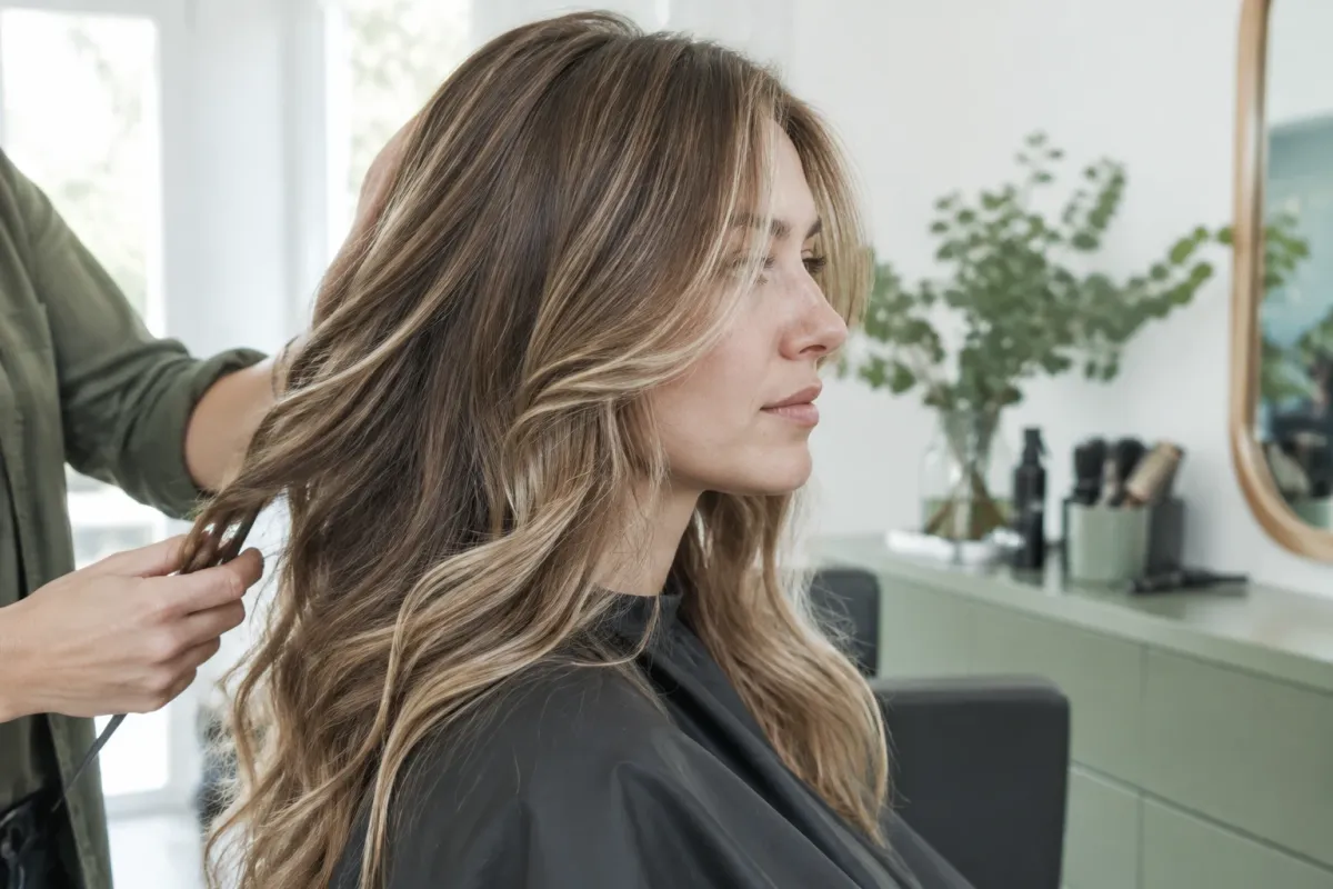 Kobieta w salonie fryzjerskim z długimi falowanymi blond pasmami, stylista układa włosy