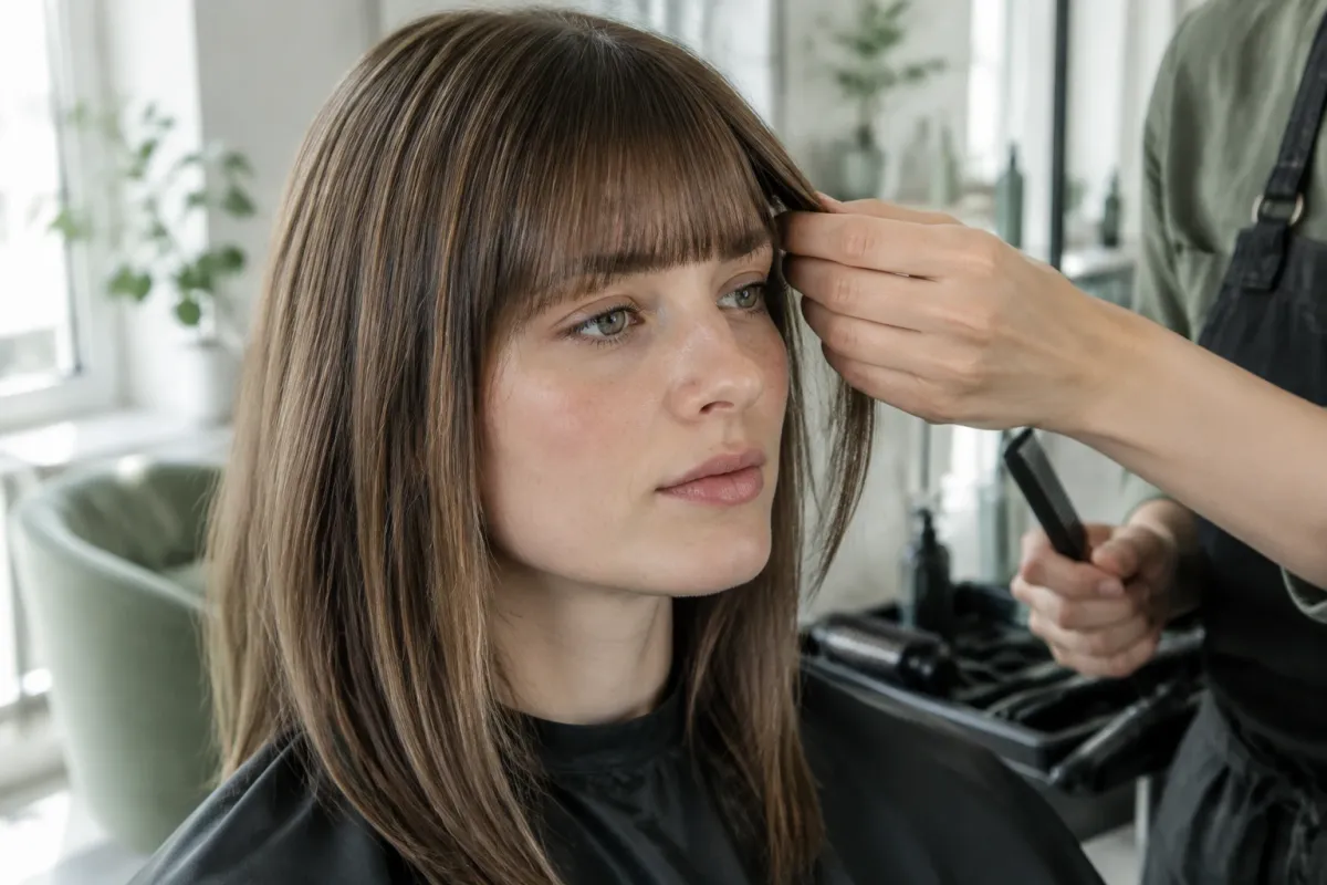 Kobieta w salonie fryzjerskim z prostą grzywką, stylista układa włosy