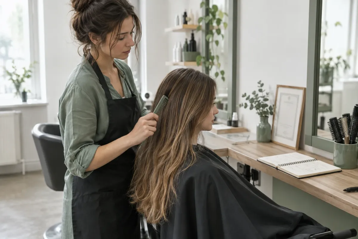 Fryzjerka czesze długie włosy klientki w jasnym salonie przy lustrze