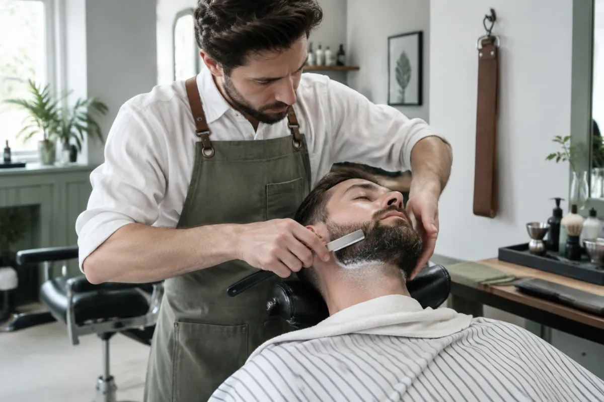 Fryzjer w fartuchu strzyże i konturuje brodę brzytwą w salonie