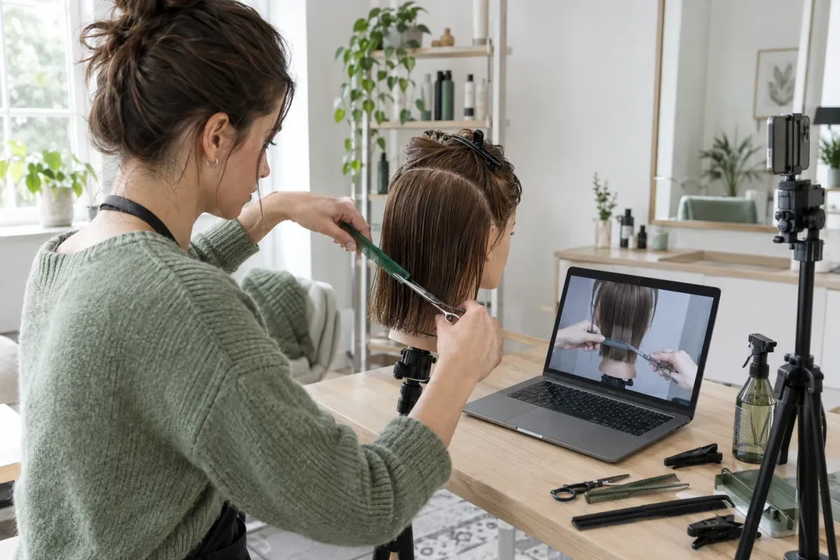 Fryzjerka strzyże modelkę-manekina przed laptopem z lekcją online
