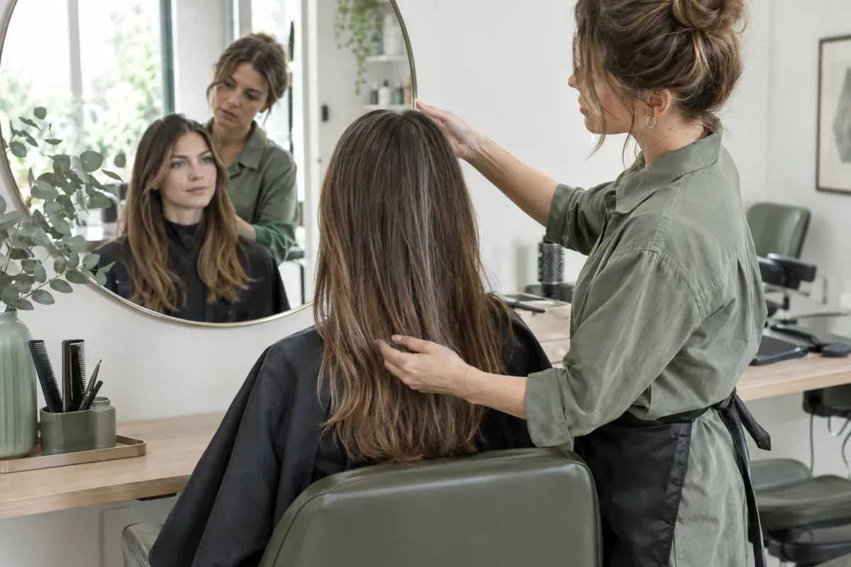 Fryzjerka sprawdza długie brązowe włosy klientki przed lustrem w salonie